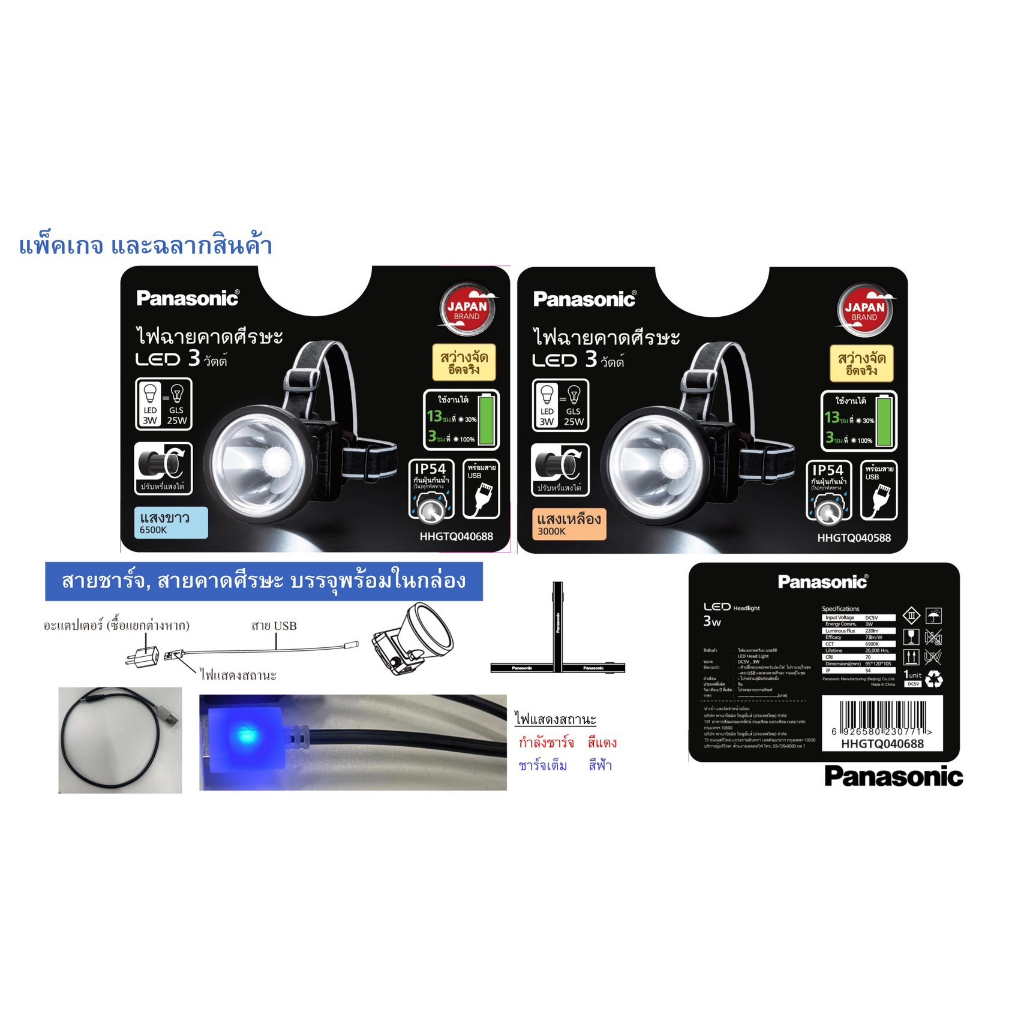 Panasonic ไฟส่องกบ LED Headlight 3w หรี่ได้ ไฟฉายคาดศรีษะ กันน้ำ IP54 ไฟฉาย ส่องกบ ไฟคาดหัว