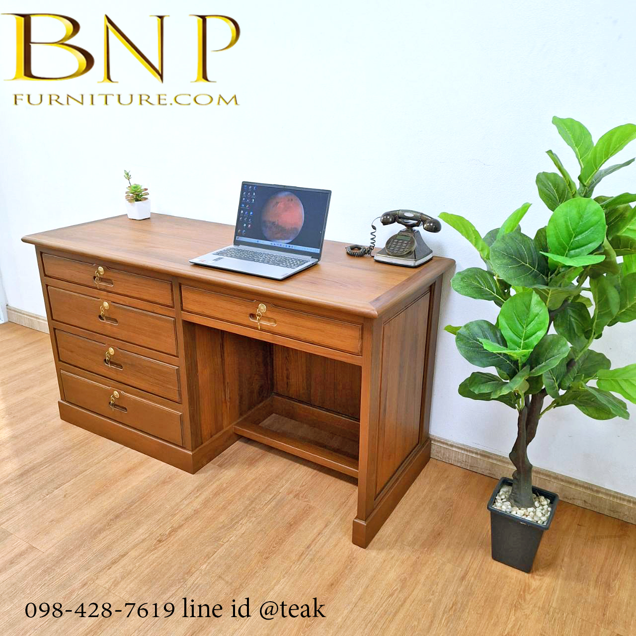 โต๊ะทำงานไม้สักแก รุ่น 4 ลิ้นชัก ซ้าย