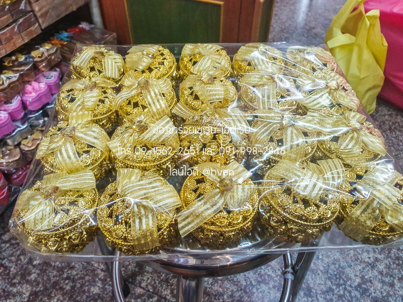 ของชำร่วยงานศพ ตลับใส่ของ ฉลุลายกุหลาบ สีทอง