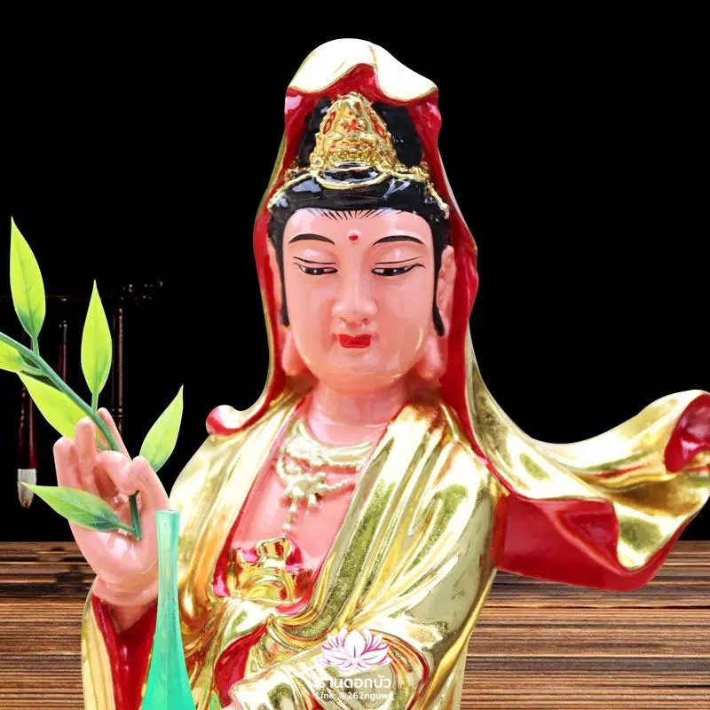 พระโพธิสัตว์กวนอิมปางเหยียบมังกร พระแม่กวนอิมยืนมังกร งานเรซิ่น สีทอง ขนาด 19 นิ้ว
