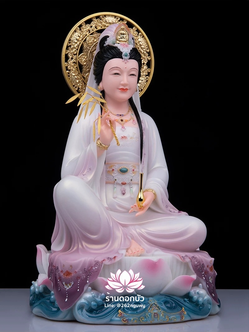 พระโพธิสัตว์กวนอิม ปางนั่งชันเข่าประทับบนดอกบัว งานหินอ่อนคุณภาพสูง ขนาด 12/16/19/26 นิ้ว