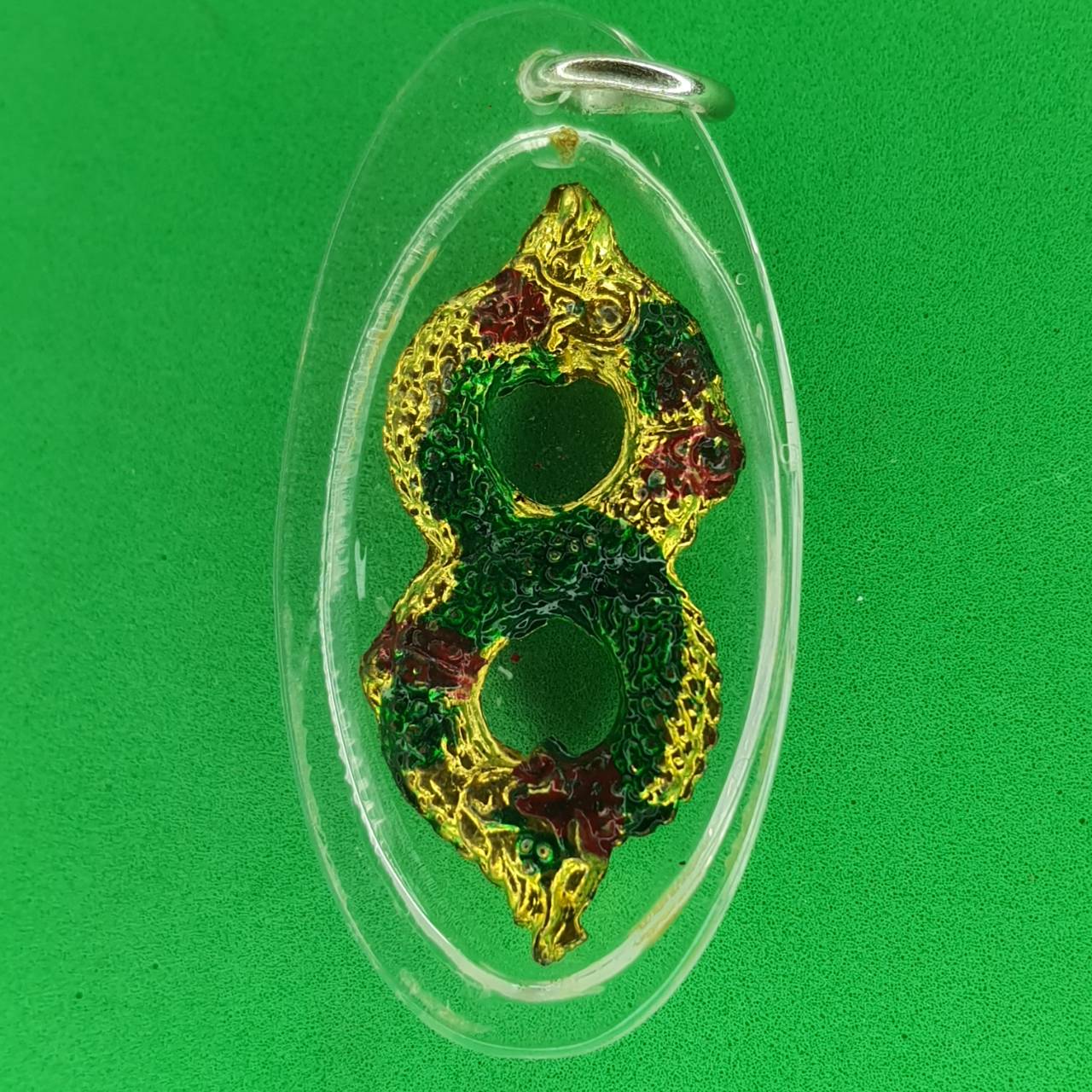 ของป้องกัน จี้นาคเกี้ยว 2เศียร 2ตัวพันกัน สีเขียวลงยา เลี่ยมกรอบ จี้พญานาคแท้ จี้พญานาคห้อยคอ จี้พญานาคราช