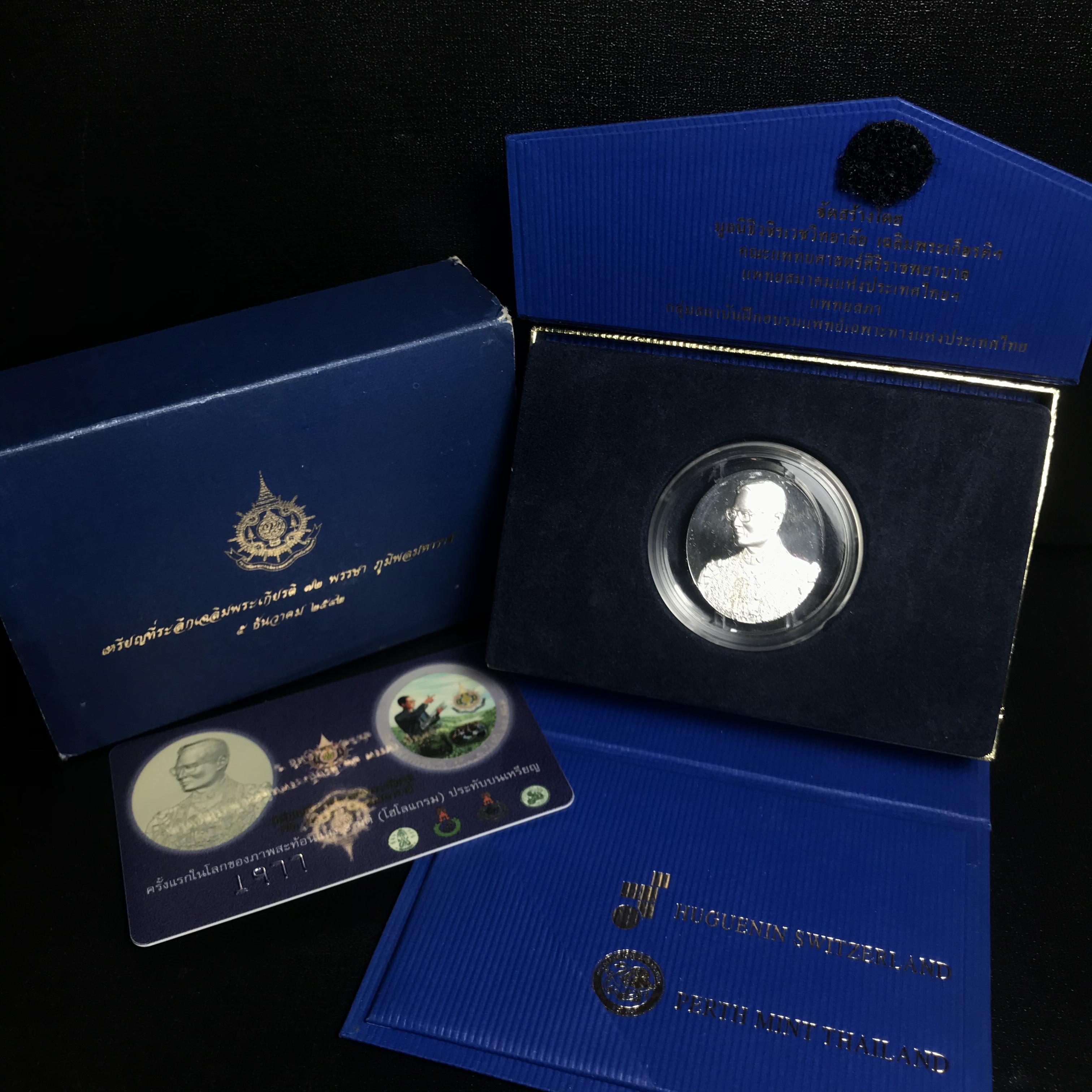 เหรียญ ร.9 เฉลิมพระเกียรติ 72 พรรษา 3 มิติโฮโลแกรม(รุ่นแรก) เนื้อเงินขัดเงา(ผลิตจากโรงงานกษาปณ์ฮูกานินทร์ ประเทศสวิสเซอร์แลนด์)(สภาพสวยเดิมพร้อมกล่องบรรจุใบรับรองเดิม)สร้างน้อยหายาก