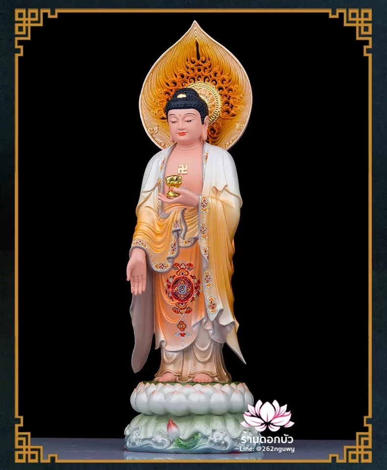 พระพุทธเจ้า (พระยูไล) พระโพธิสัตว์กวนอิม (กวนอิมผ่อสัก) พระมหาสถามปราปต์โพธิสัตว์ (ไต่ซีจี่ผ่อสัก) ปางยืนบนดอกบัว ขนาด 12/16/19/26/36 นิ้ว