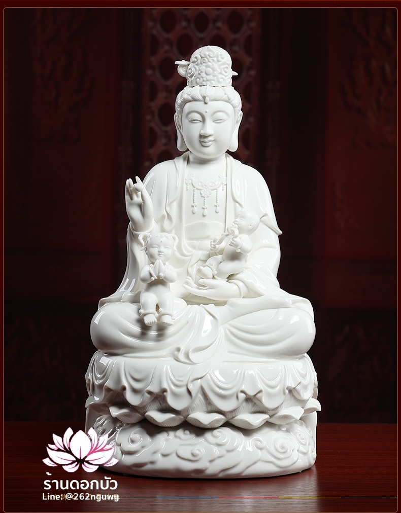 พระโพธิสัตว์กวนอิม พระแม่กวนอิมปางประทานบุตร ประทับนั่งบนดอกบัว ขนาด 16 นิ้ว