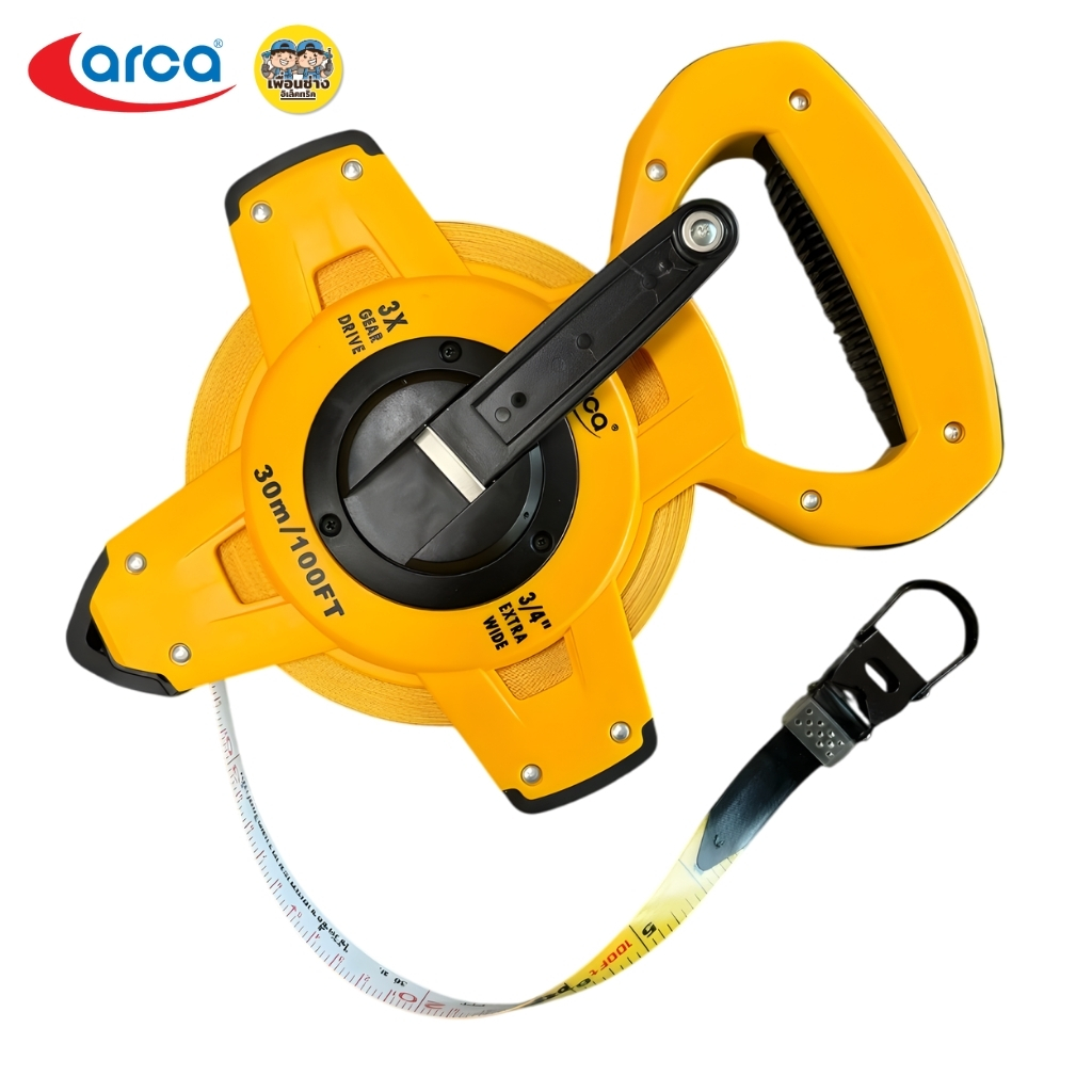 ARCA ตลับเมตรวัดที่ใยแก้ว Fiberglass Tape สายยาว30เมตร หน้ากว้าง19มิล หมุนกลับเร็วขึ้น 3เท่า ตลับเมตรสีเหลือง