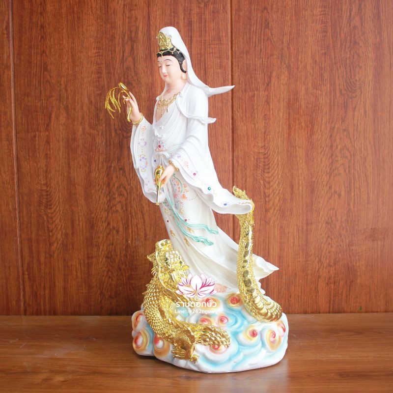 พระโพธิสัตว์กวนอิมปางเหยียบมังกร พระแม่กวนอิมยืนมังกร งานเรซิ่นเพ้นท์ลาย ขนาด 19 นิ้ว