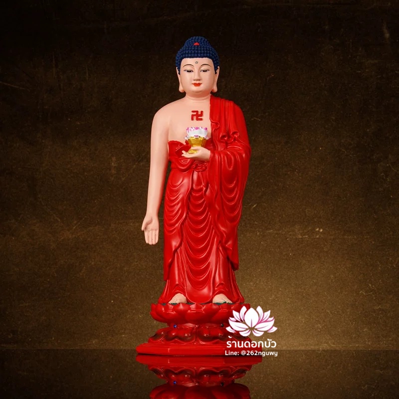 พระพุทธเจ้า พระยูไล ปางประทับยืนบนบัลลังก์ดอกบัว งานเรซิ่น ขนาด 16/19 นิ้ว สีแดง/ทอง