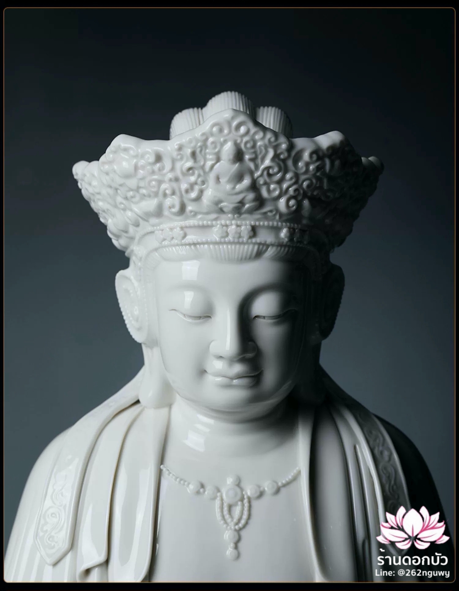 พีลูกวนอิม พระโพธิสัตว์กวนอิมปางสำเร็จธรรม ฝีมือช่างระดับอาจารย์ สีขาวเคลือบเงา ขนาด 9/18 นิ้ว