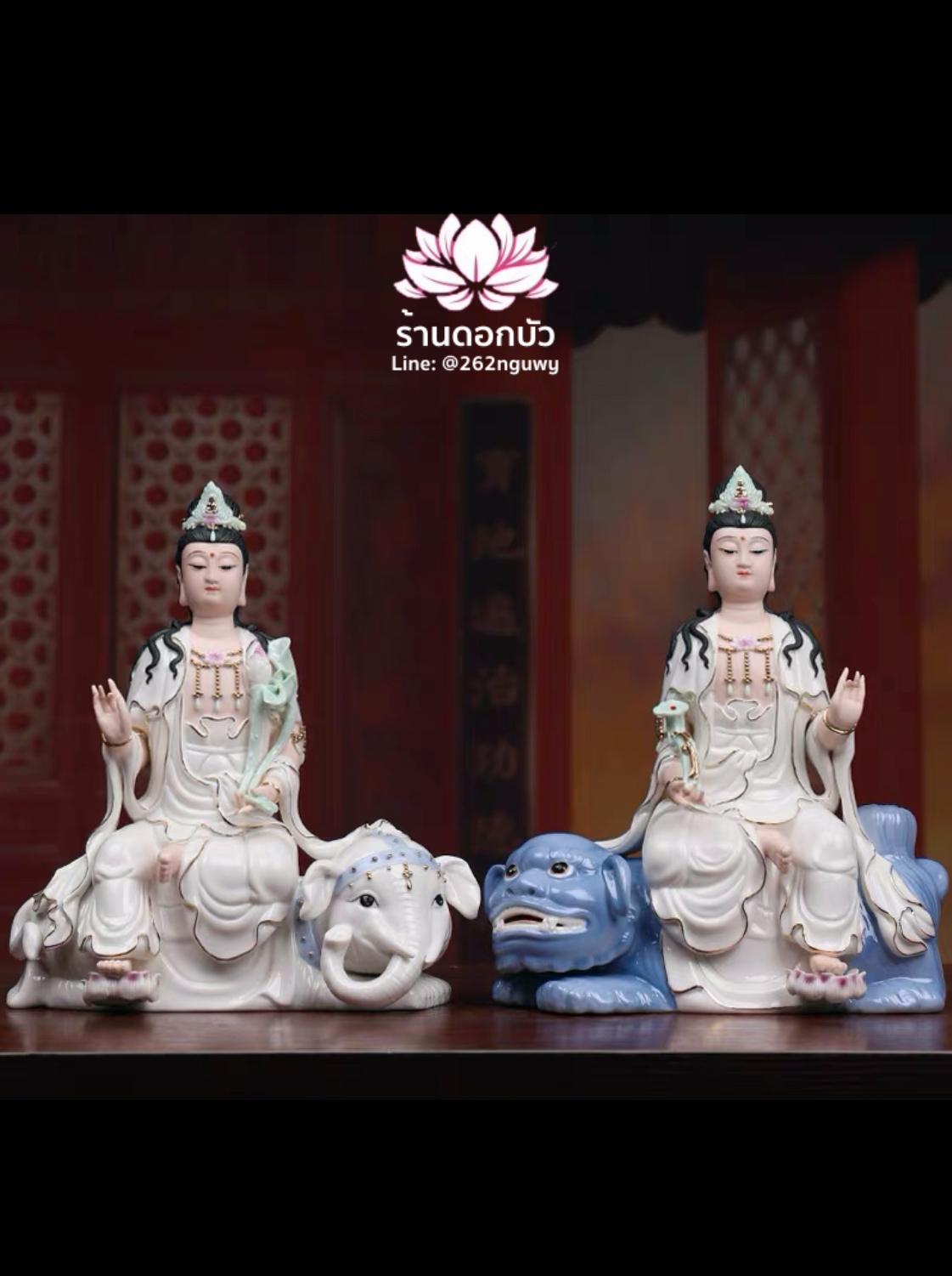 พระสมันตภัทรโพธิสัตว์ พระมัญชุศรีโพธิสัตว์ ปางประทับนั่งช้างและสิงห์ สีขาวฟ้า ขนาด 10/12/14/16 นิ้ว
