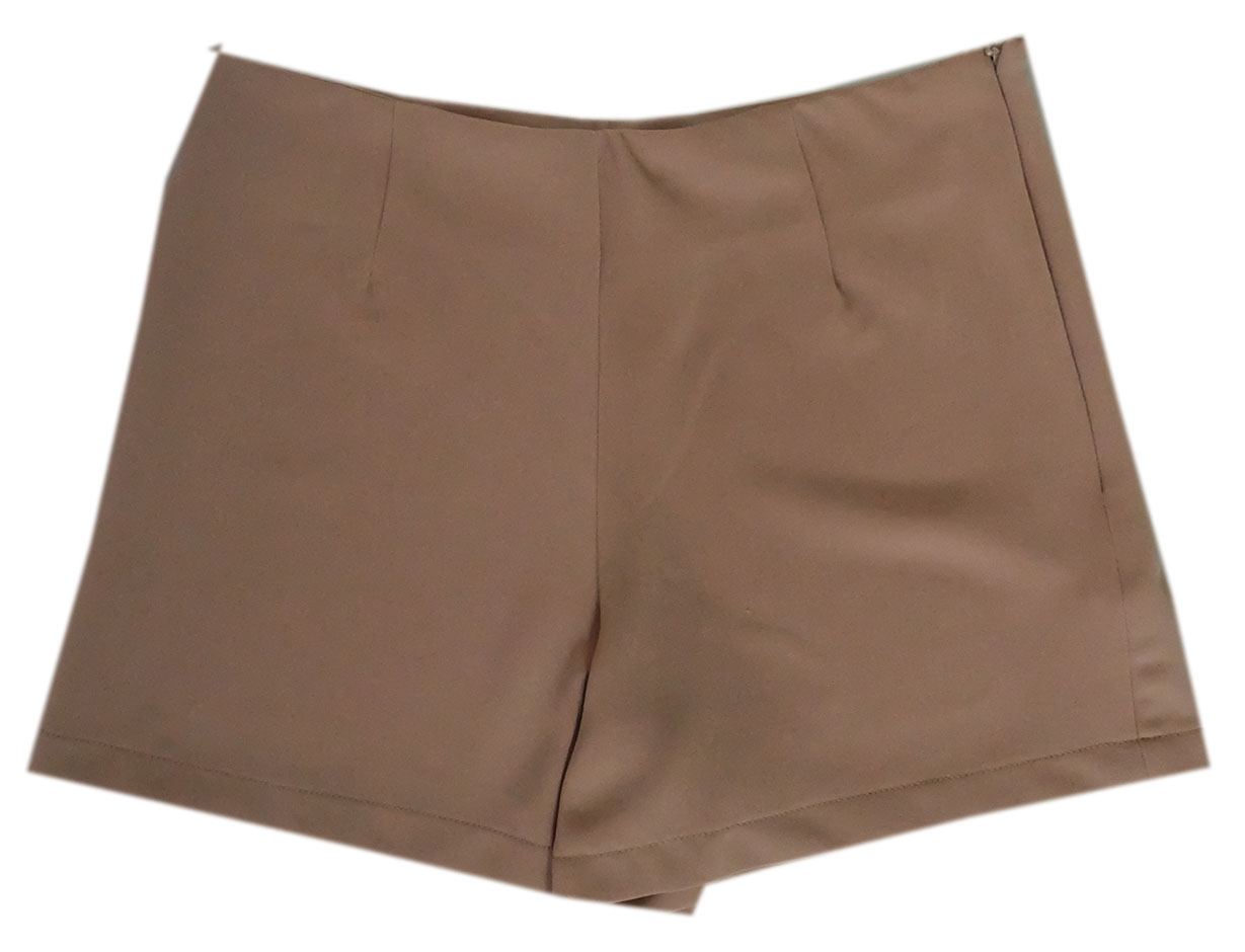 กางเกงขาสั้นเอวสูงขอบเรียบผ้าฮานาโกะ ซิปซ้าย กระเป๋าขวา สีน้ำตาล Size S M L XL