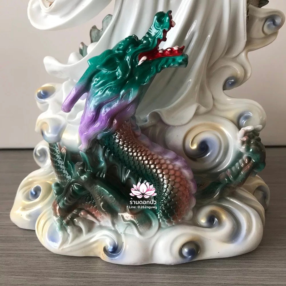 พระโพธิสัตว์กวนอิมปางเหยียบมังกร พระแม่กวนอิมยืนมังกร งานเรซิ่น ขนาด 16/19 นิ้ว