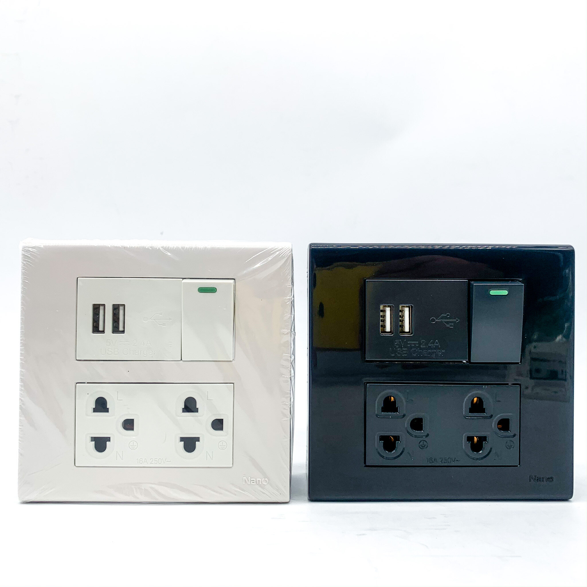 Nano ชุดเต้ารับสวิตซ์ 4X4 เต้ารับ USB 2.4A กราวน์คู่ 1 สวิตซ์ 1 พร้อมบ๊อกลอย 4x4 และหน้ากาก ติดตั้งง่าย ใช้ง่าย (ชุดขาว/ชุดสีดำ)