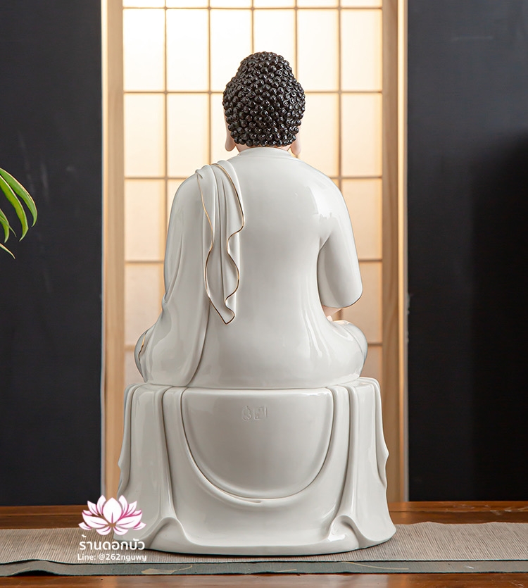 พระพุทธเจ้าและพระอัครสาวก พระมหากัสสปะและพระอานนท์ งานกระเบื้องฮกเกี้ยน สีขาวขลิบทอง