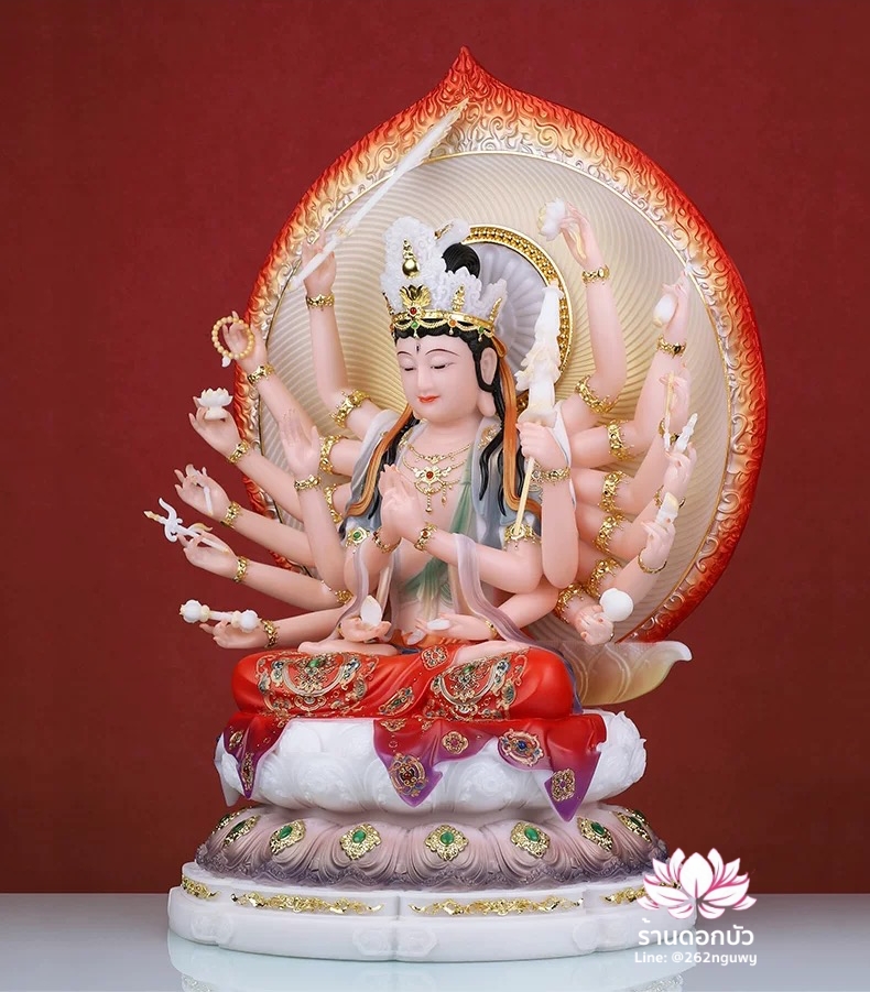 พระจุนทีโพธิสัตว์ พระโพธิสัตว์จุนทา ประทับนั่งบนดอกบัว งานหินอ่อนคุณภาพสูง ขนาด 12/16/19 นิ้ว