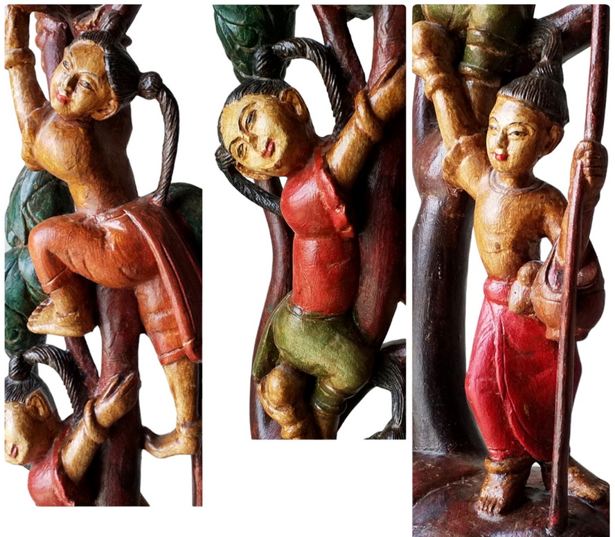 ตอไม้แกะสลัก สูง 95cm (ปิดด้วยแผ่นท๊อปกลม 24cm) งานเก่าศิลปะพม่า