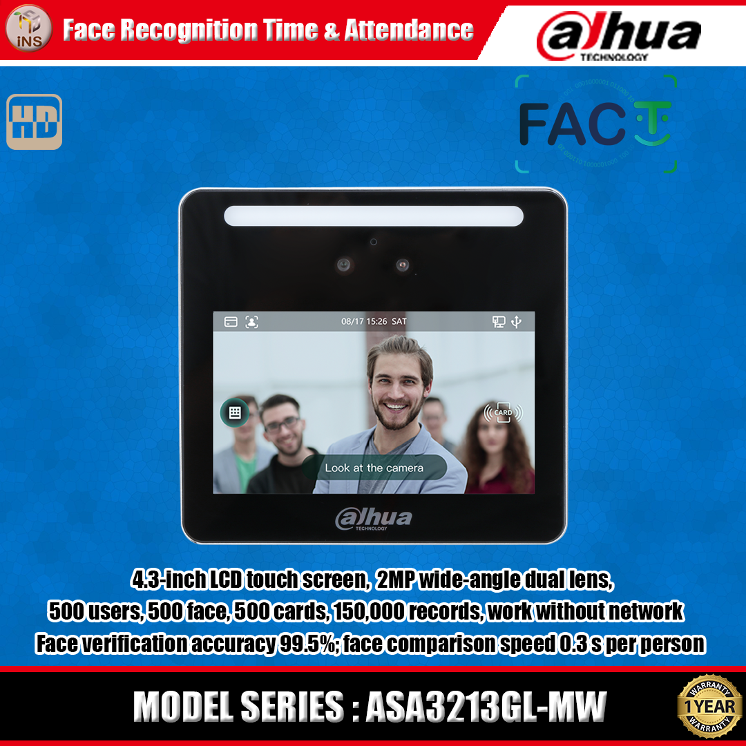 Dahua เครื่องสแกนใบหน้า ตรวจจับภายใน 0.3 วินาที Face Recognition Time & Attendance รุ่น DHI-ASA3213GL-MW