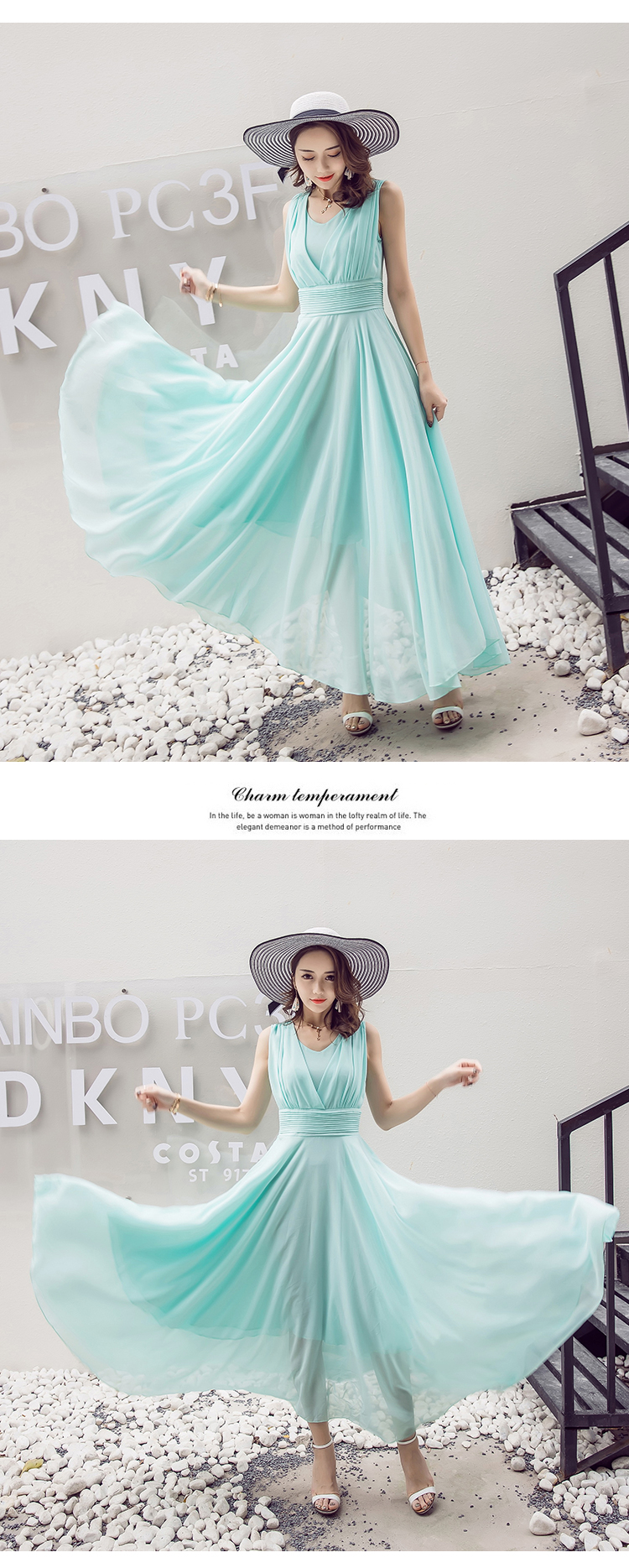 ชุดเดรสยาวผ้าชีฟองสีเขียวมิ้น คอวี แขนกุด กระโปรงพลิ้ว สวยชิค