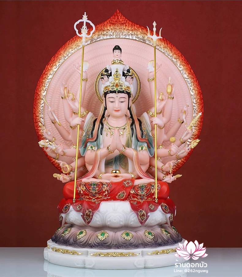 พระโพธิสัตว์กวนอิมพันกร พระแม่กวนอิมพันมือ ประทับนั่งบนดอกบัว งานหินอ่อนคุณภาพสูง ขนาด 12/16/19 นิ้ว