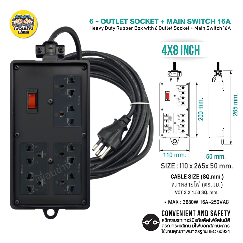 **สีดำ ชุดประกอบสำเร็จ** Nano บล็อกยาง พร้อมสาย 3 เมตร 5 เมตร 10 เมตร 20 เมตร Black Series พร้อมเต้ารับ เบรกเกอร์ 15A สวิตซ์ 16A ปลั๊กพ่วง