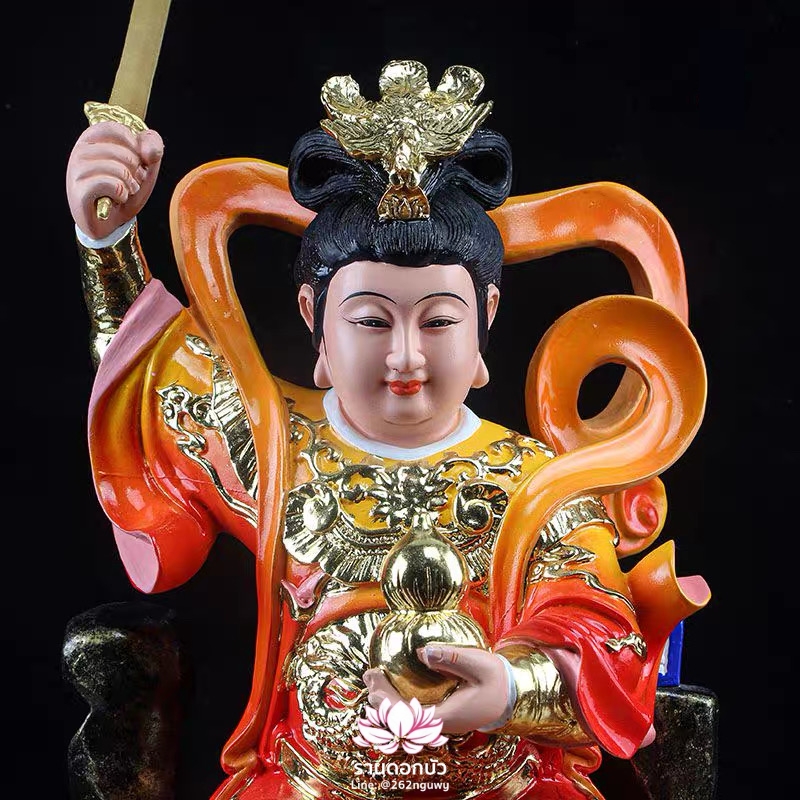 กิ่วเที้ยนเฮี่ยนลื้อ กิวเทียงเหี่ยงนึ่ง จิ่วเทียนเสวียนนี่ ปางนั่งบัลลังก์เหยียบดอกบัว งานเรซิ่น ขนาด 12/16 นิ้ว