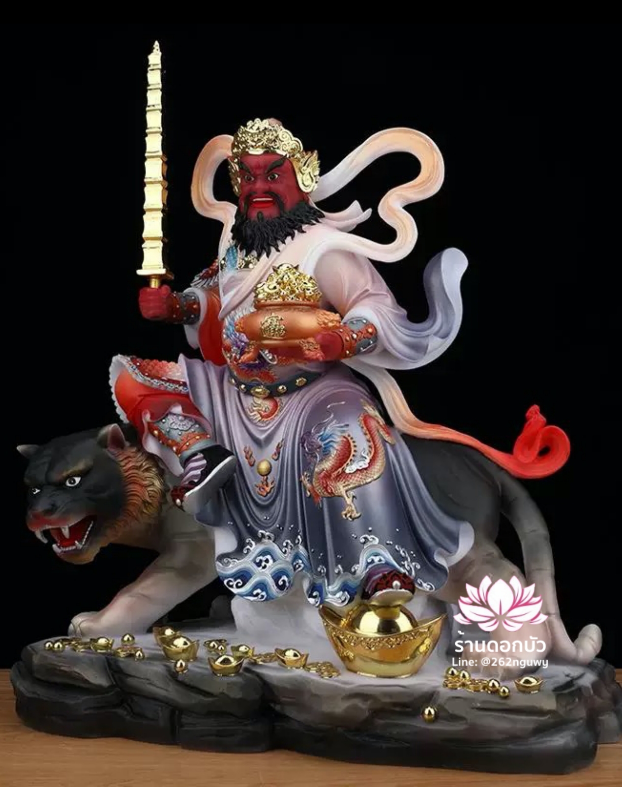 บู๊ไฉ่ซิงเอี๊ย ไฉ่ซิงเอี๊ยปางบู๊ จ้าวกงหมิง ปางประทับนั่งเสือ งานหินอ่อนคุณภาพสูง ขนาด 12/16/19/26 นิ้ว