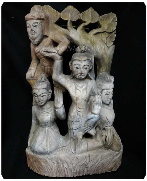 ไม้แกะสลักเก่า ศิลปะพม่า สูง 34cm