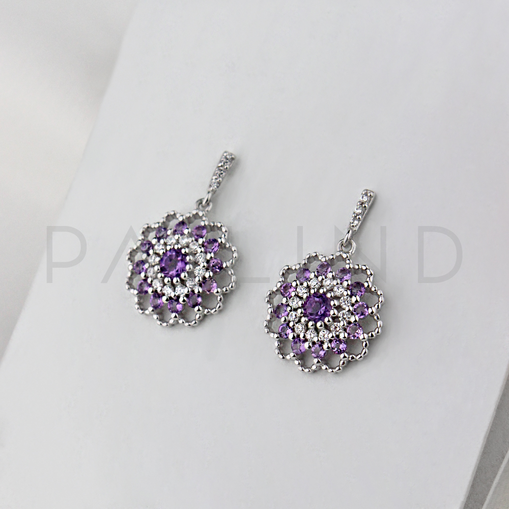 ต่างหูเงินชุบทองคำขาวฝังเพชรรัสเซียประดับ AMETHYST