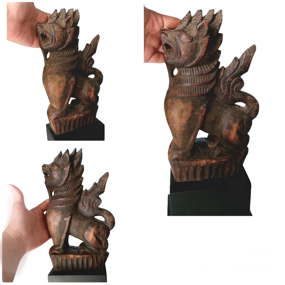 สิงห์ไม้เก่า -ไม้แกะประดับหัวเกวียนศิลป์พม่า สูงรวมฐาน34cm
