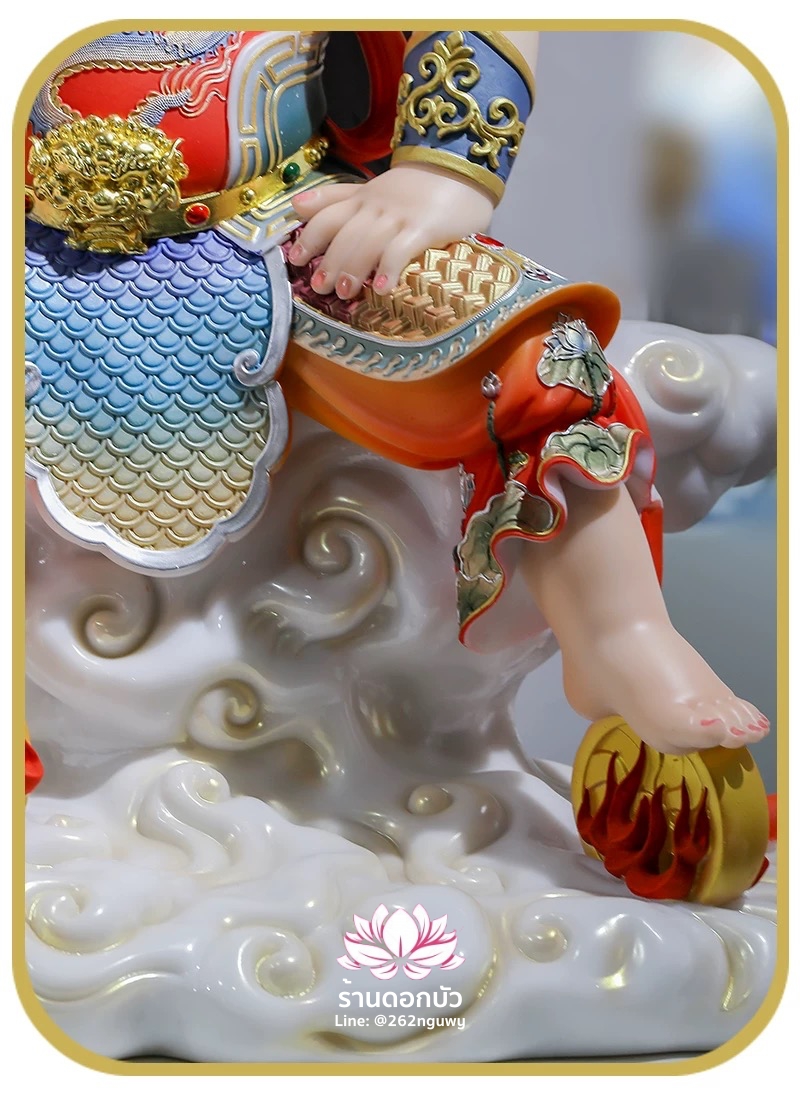เทพเจ้านาจา หลี่โลเฉี้ย จงตั๋นหง่วนโส่ย ปางประทับนั่งบัลลังก์เมฆเหยียบวงล้อ งานหินอ่อนคุณภาพสูง ขนาด 12/16/19/26 นิ้ว