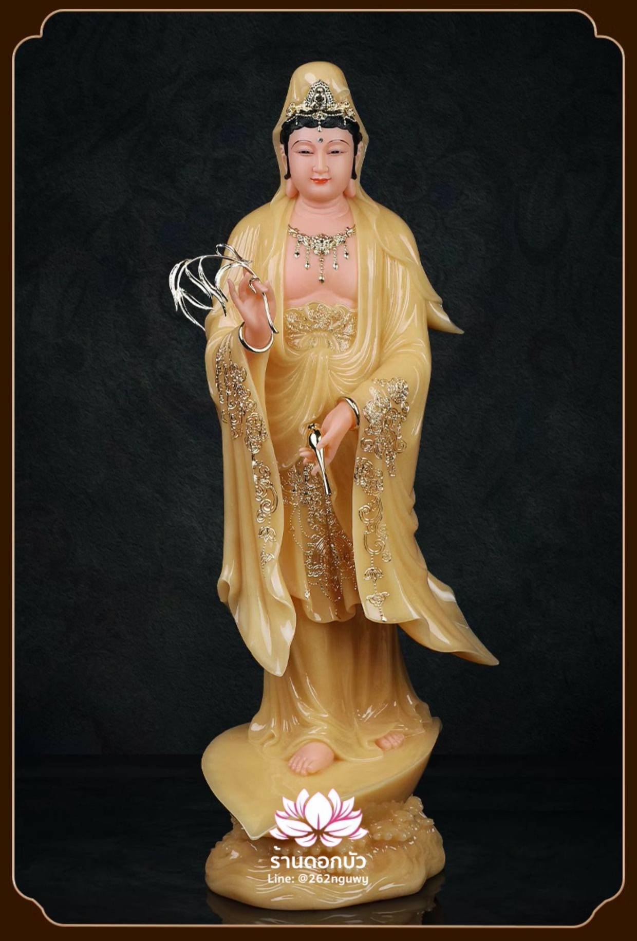 พระโพธิสัตว์กวนอิม พระแม่กวนอิมปางประทานพร ประทับยืนบนกลีบบัว งานหินอ่อนคุณภาพสูง ขนาด 16/19/26/35/51 นิ้ว สีบุษราคัม