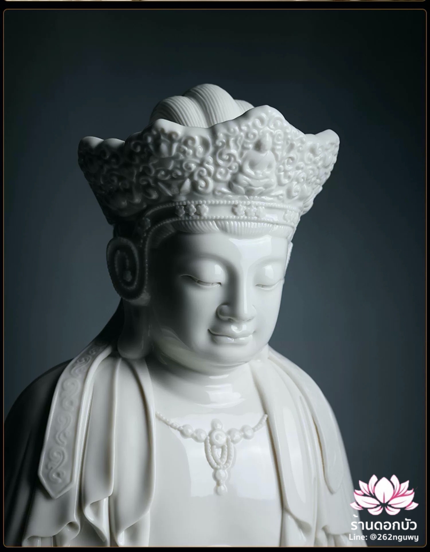 พีลูกวนอิม พระโพธิสัตว์กวนอิมปางสำเร็จธรรม ฝีมือช่างระดับอาจารย์ สีขาวเคลือบเงา ขนาด 9/18 นิ้ว