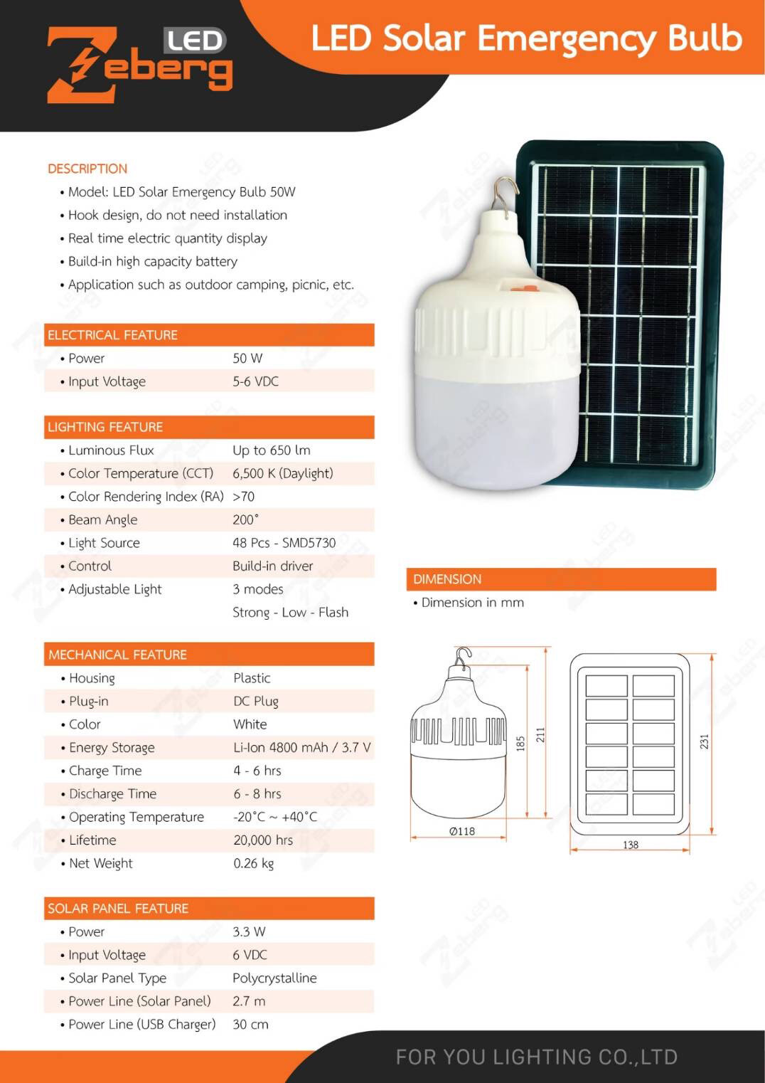 Zeberg หลอดไฟ LED โซล่าเซล 50w พร้อม แผงโซล่าเซล ไฟโซล่าเซล Solarcell นอนนา หลอดไฟ หลอดไฟโซล่าเซล หลอดไฟโซล่า