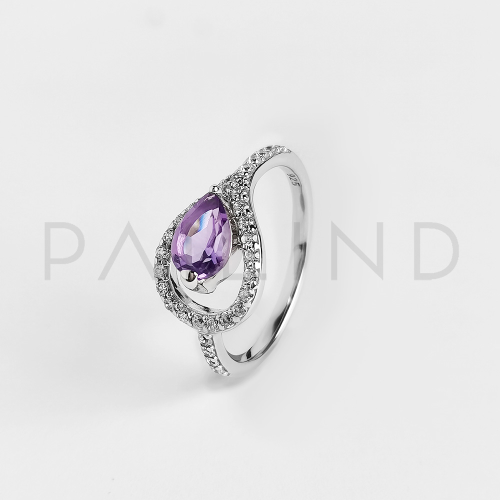 แหวนเงินแท้ดีไซน์เก๋ ประดับพลอย Amethyst และ MCZ ชุบทองคำขาว