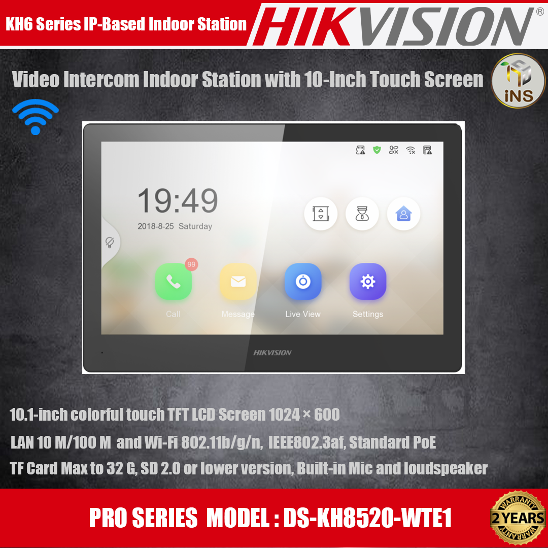 Hikvision 10-Inch touch screen PoE indoor station (Monitor) จอภาพแบบสัมผัส ขนาด 10" แบบ Touch Screen รุ่น DS-KH8520-WTE1
