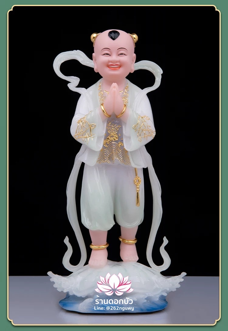 กิมท้ง-เง็กนึ่ง เซียนจ๋าย-หยกลื้อ ลูกศิษย์พระโพธิสัตว์กวนอิม ปางยืนบนใบบัว งานหินอ่อนคุณภาพสูง ขนาด 12/16 นิ้ว