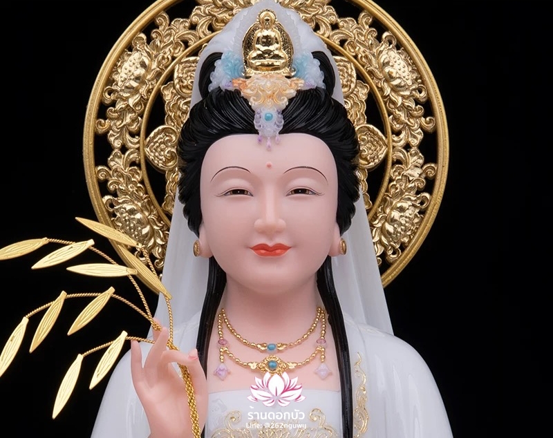 พระโพธิสัตว์กวนอิม ปางนั่งชันเข่าประทับบนดอกบัว งานหินอ่อนคุณภาพสูง ขนาด 12/16/19/26 นิ้ว