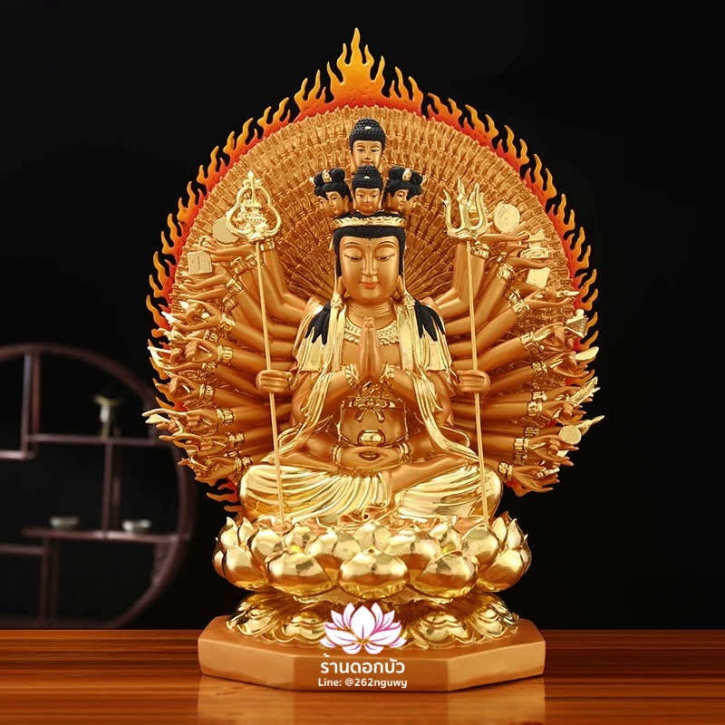องค์พระโพธิสัตว์กวนอิมพันกร พระแม่กวนอิมพันมือ งานเรซิ่นเกรดเอ ขนาด 12/16/19 นิ้ว สีทอง