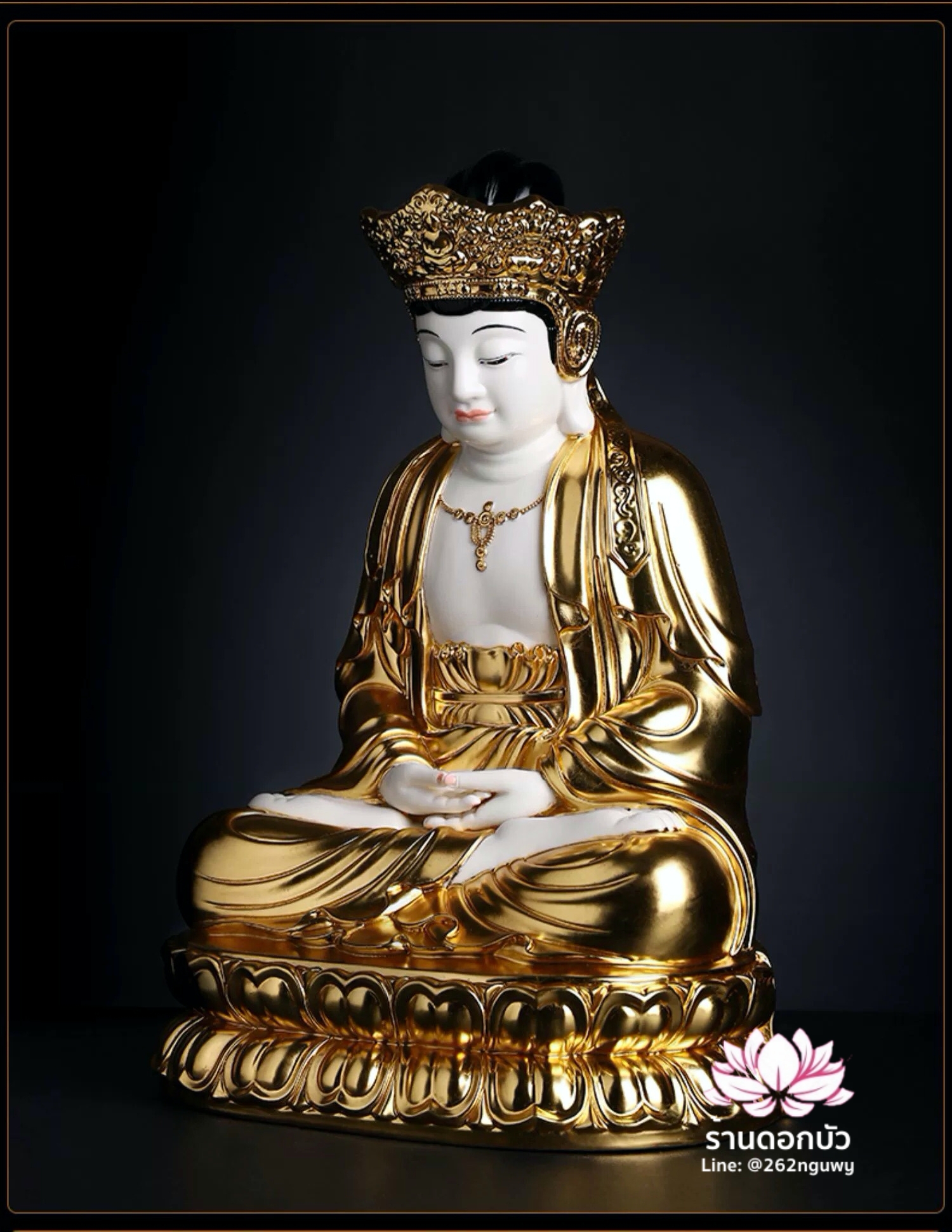 พีลูกวนอิม พระโพธิสัตว์กวนอิมปางสำเร็จธรรม ฝีมือช่างระดับอาจารย์ สีขาวปิดทอง ขนาด 18 นิ้ว