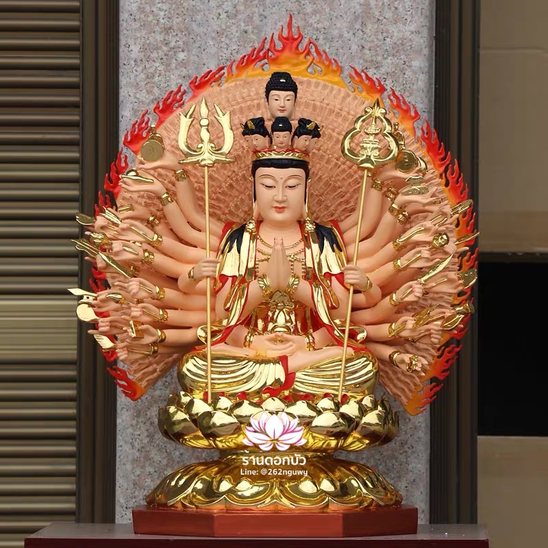 องค์พระโพธิสัตว์กวนอิมพันกร พระแม่กวนอิมพันมือ งานเรซิ่นเกรดเอ ขนาด 12/16/19 นิ้ว สีทอง