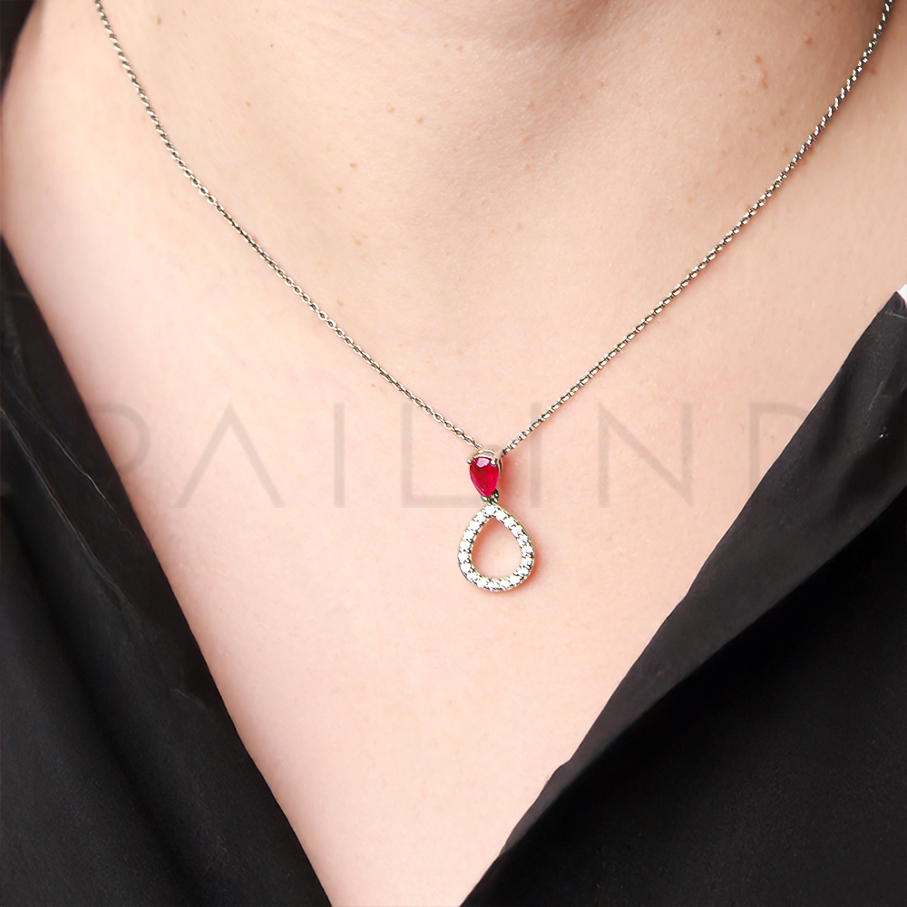 จี้เงินแท้ ประดับเพชรรัสเซียและทับทิมแท้ Ruby ชุบทองคำขาว