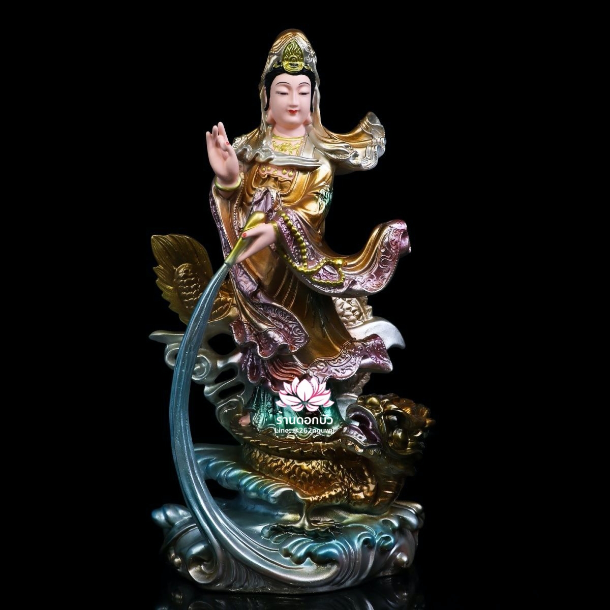 พระโพธิสัตว์กวนอิมปางเหยียบมังกร พระแม่กวนอิมยืนมังกร งานเรซิ่น ขนาด 16 นิ้ว
