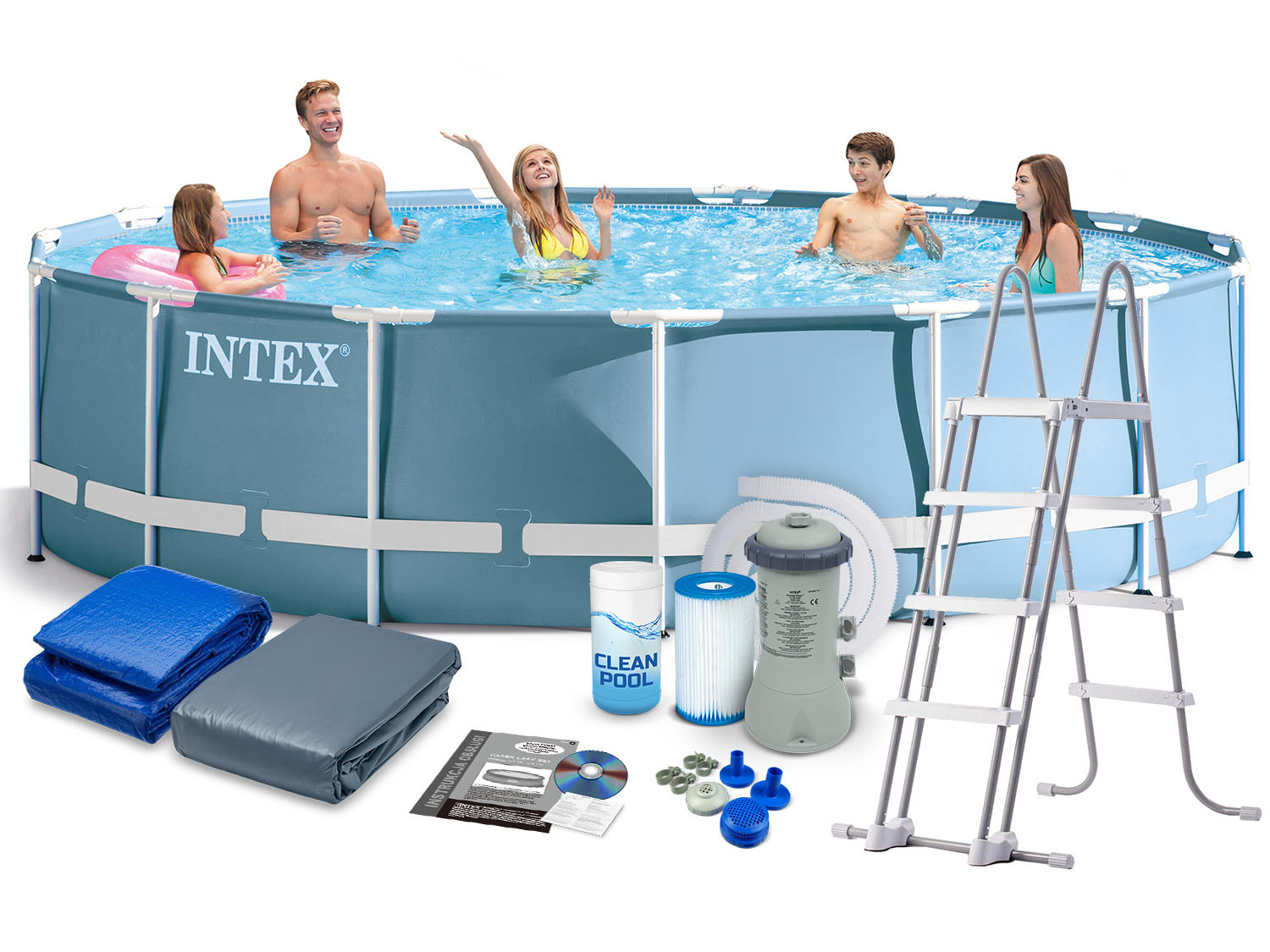 ใหม่ Intex Metal Frame pool 15 ฟุตสูงพิเศษ 26726/28236 เครื่องกรองระบบไส้กรอง