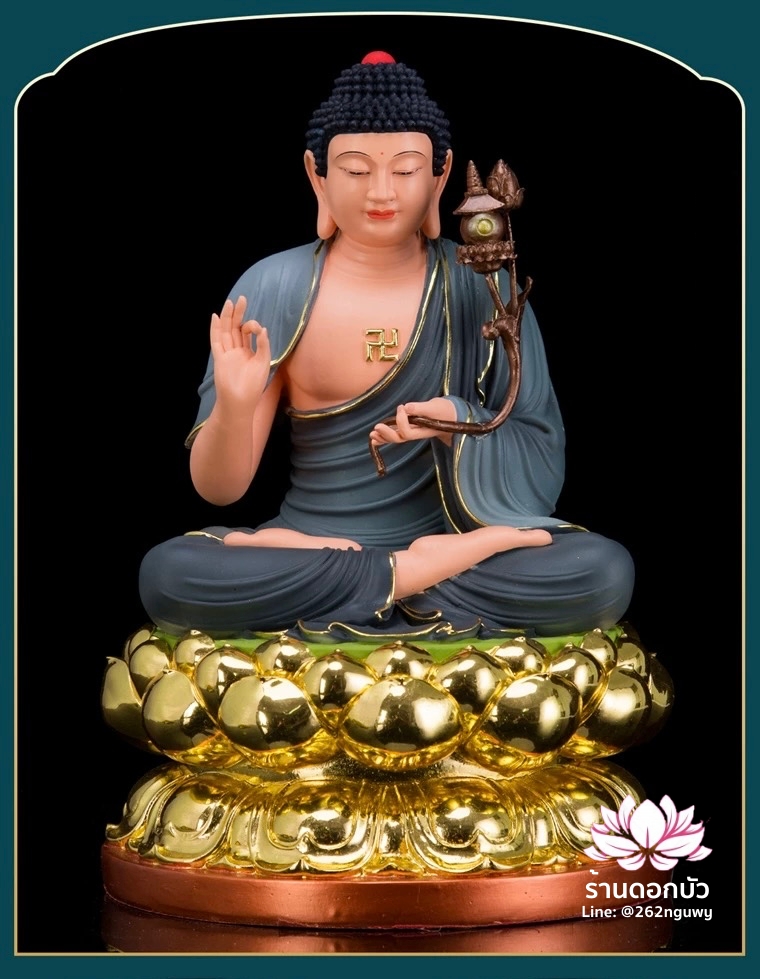 พระพุทธรูป พระพุทธเจ้า พระศากยมุนีพุทธเจ้า ปางนั่งบนดอกบัว งานเรซิ่น ขนาด 16 นิ้ว สีเหลือง/น้ำตาล/เทา