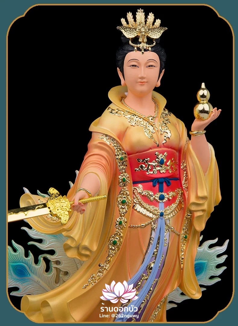 กิ่วเที้ยนเฮี่ยนลื้อ กิวเทียงเหี่ยงนึ่ง จิ่วเทียนเสวียนนี่ ปางยืนบนหงส์บริวาร งานเรซิ่น ขนาด 12/16/19/26 นิ้ว