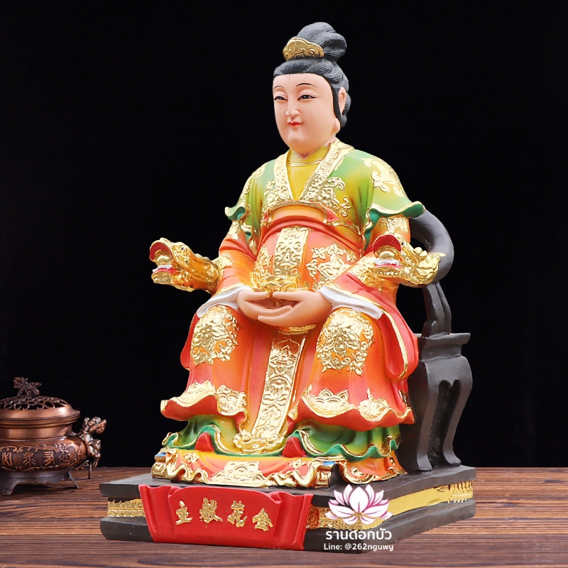 กิมฮั้วเนี่ยเนี้ย กิมฮั้วฮูหยิน เทพดอกไม้ทอง ปางประทับนั่งบัลลังก์มังกร ขนาด 12/16 นิ้ว