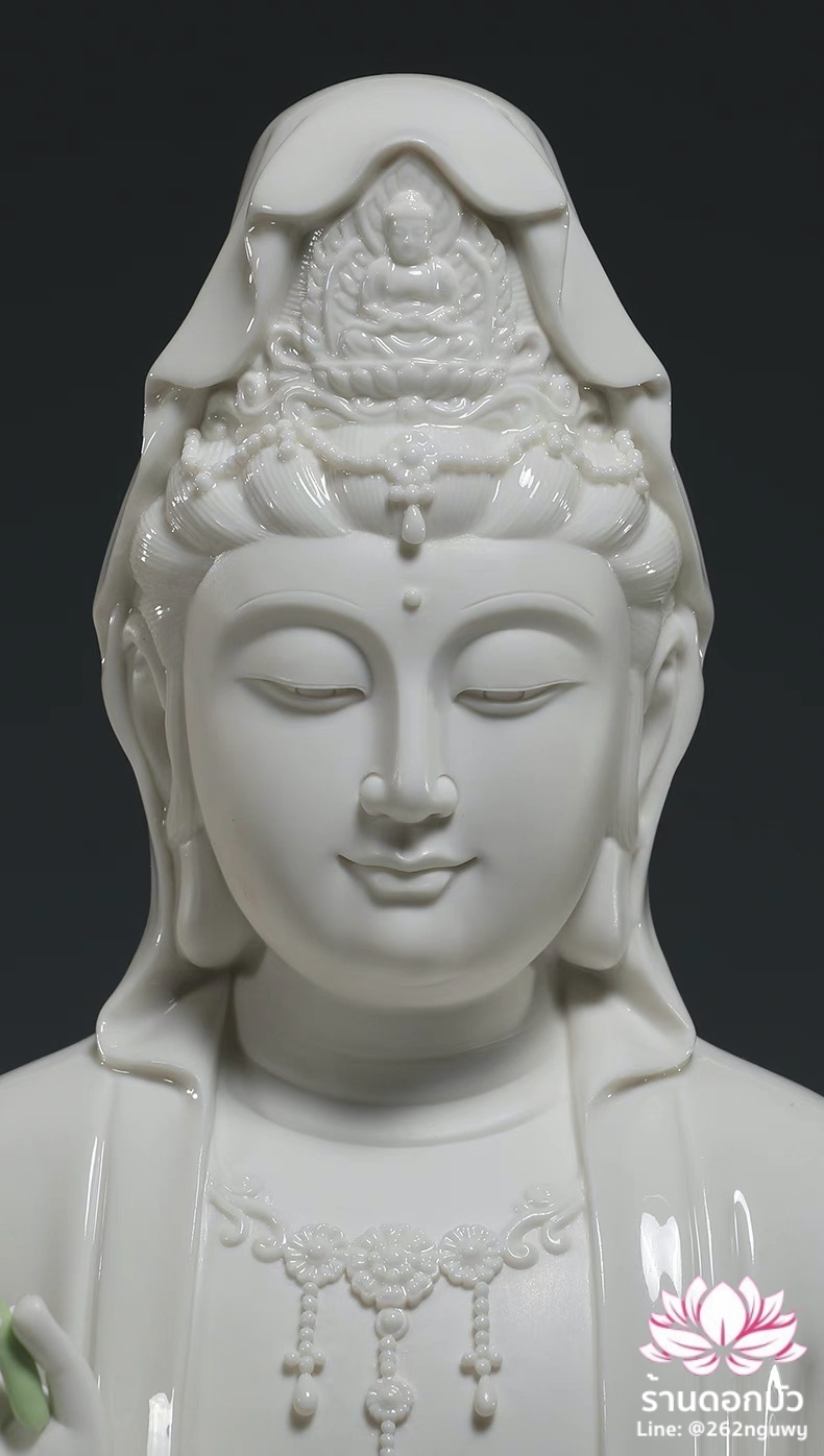 พระโพธิสัตว์กวนอิม พระแม่กวนอิมปางประทานพร ประทับนั่งดอกบัว งานกระเบื้องฮกเกี้ยน ขนาด 12/14/16/19 นิ้ว