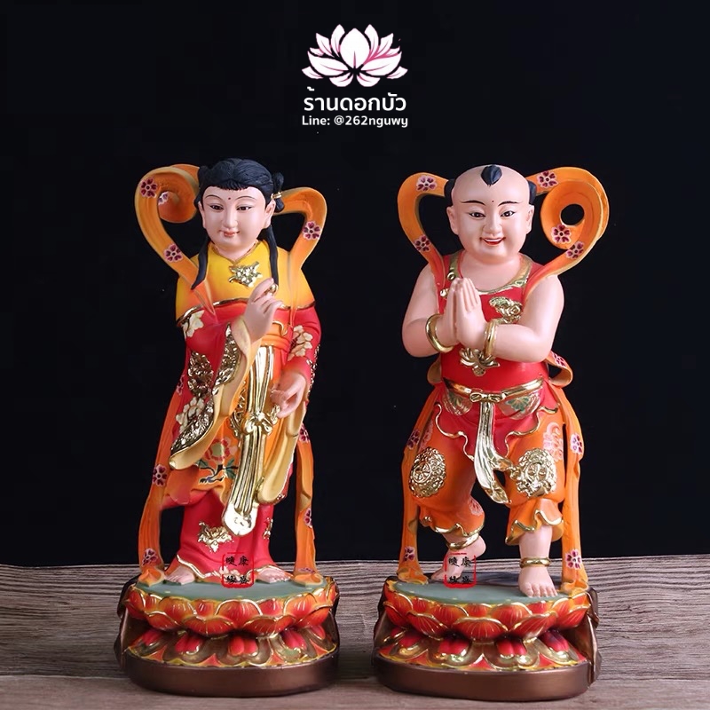 องค์พระเซียนจ๋าย-หยกลื้อ ลูกศิษย์พระโพธิสัตว์กวนอิม งานเรซิ่น สีส้ม ขนาด 6/8/10/12 นิ้ว