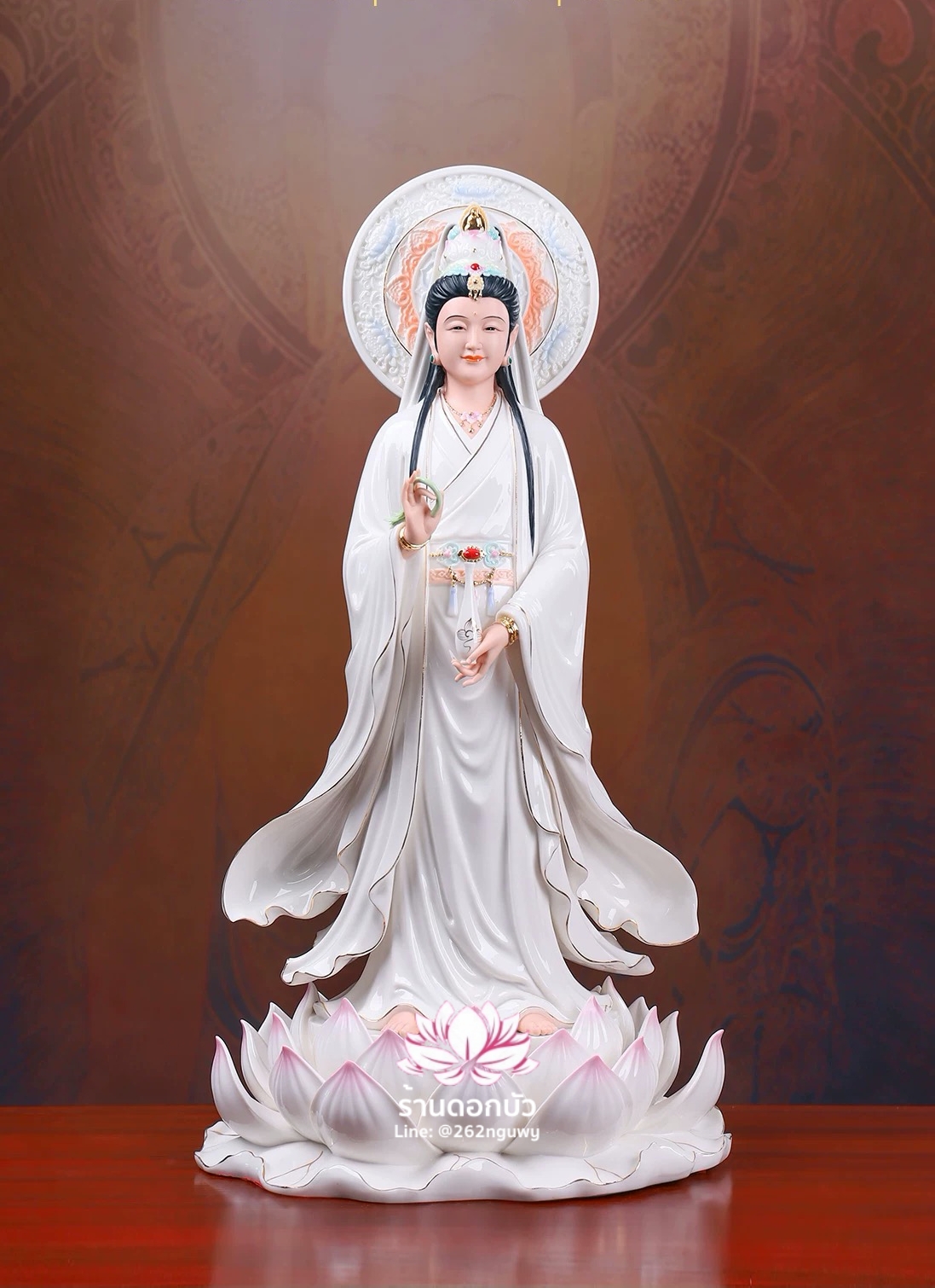 พระโพธิสัตว์กวนอิม พระแม่กวนอิมปางประทานพร ยืนบนดอกบัว (เมี่ยวซ่าน) งานกระเบื้องฮกเกี้ยนคุณภาพสูง ขนาด 12/16/19/26/36 นิ้ว