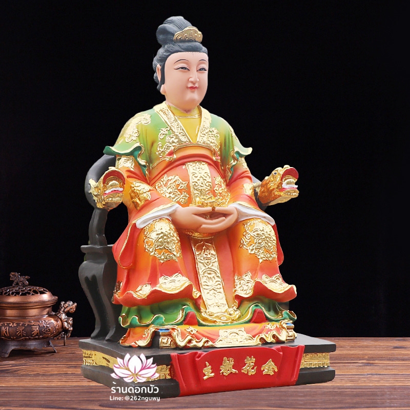กิมฮั้วเนี่ยเนี้ย กิมฮั้วฮูหยิน เทพดอกไม้ทอง ปางประทับนั่งบัลลังก์มังกร ขนาด 12/16 นิ้ว
